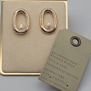 Anthropologie Cultured Pearl Egg in a Basket Hoop Earrings 14K Gold Plated Brass